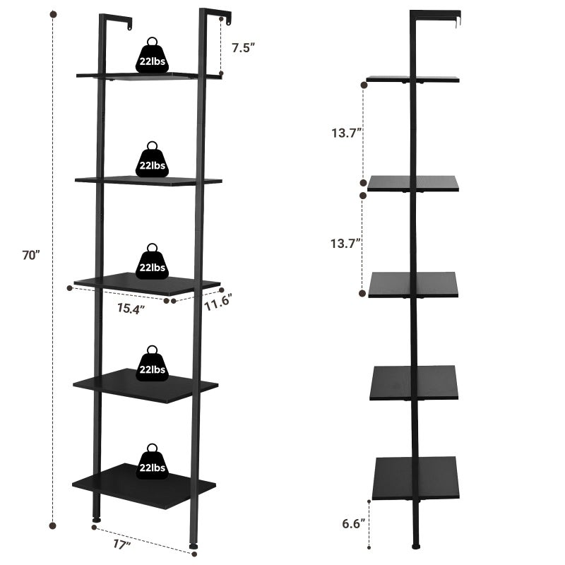 ELYKEN Ladder Shelf, 5-Tier Wood Wall Mounted Bookshelf with Metal Frame, Vintage Open Display Organizer Rack, Leaning Storage Shelves for Living Room, Bedroom, Home Office, Black - Image 3