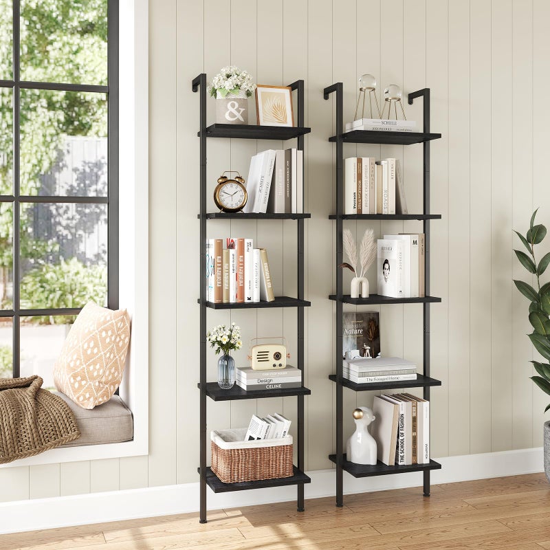 ELYKEN Ladder Shelf, 5-Tier Wood Wall Mounted Bookshelf with Metal Frame, Vintage Open Display Organizer Rack, Leaning Storage Shelves for Living Room, Bedroom, Home Office, Black - Image 4