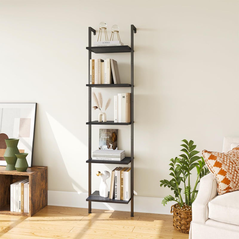 ELYKEN Ladder Shelf, 5-Tier Wood Wall Mounted Bookshelf with Metal Frame, Vintage Open Display Organizer Rack, Leaning Storage Shelves for Living Room, Bedroom, Home Office, Black - Image 5