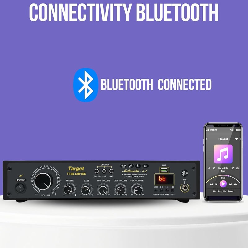 Target TT-BK-AMP 826 Amplifier RMS 300 Watts 5.1 Channel Surround Six Tracks Stereo Amplifer Usb, Bluetooth, Av, MIC - Image 3