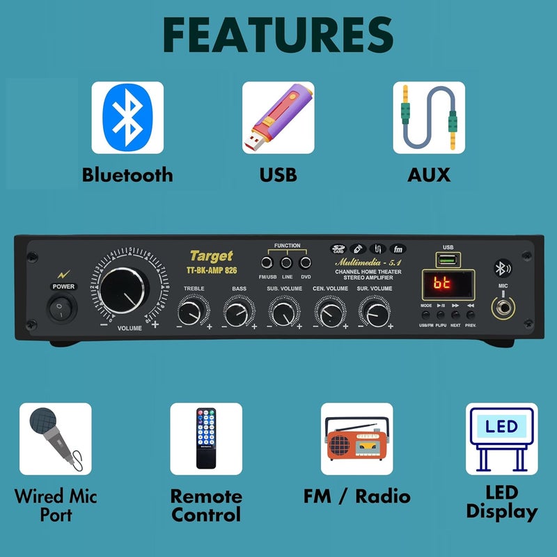 Target TT-BK-AMP 826 Amplifier RMS 300 Watts 5.1 Channel Surround Six Tracks Stereo Amplifer Usb, Bluetooth, Av, MIC - Image 4