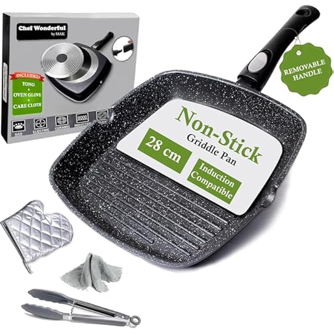 ريحني مقلاة شيف واندرفول غير لاصقة مقاس 28 سم لموقد الحث الحراري، مطلية بالرخام، مقبض قابل للفصل، مقلاة شرائح لحم من الألومنيوم لجميع مواقد الحث الحراري مع ملقط وقفاز وقماش مناسب للشواء في فرن الغاز - Image 2