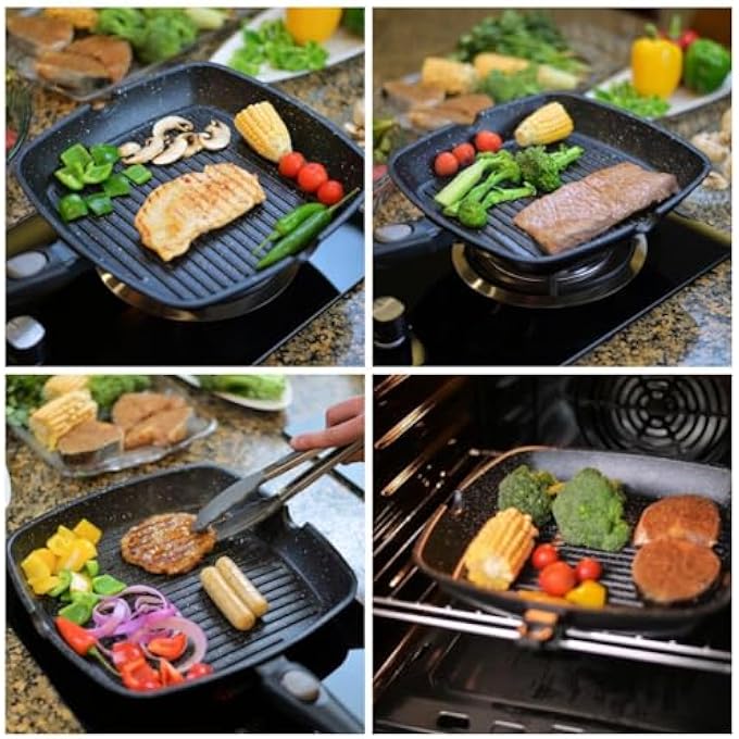 ريحني مقلاة شيف واندرفول غير لاصقة مقاس 28 سم لموقد الحث الحراري، مطلية بالرخام، مقبض قابل للفصل، مقلاة شرائح لحم من الألومنيوم لجميع مواقد الحث الحراري مع ملقط وقفاز وقماش مناسب للشواء في فرن الغاز - Image 4