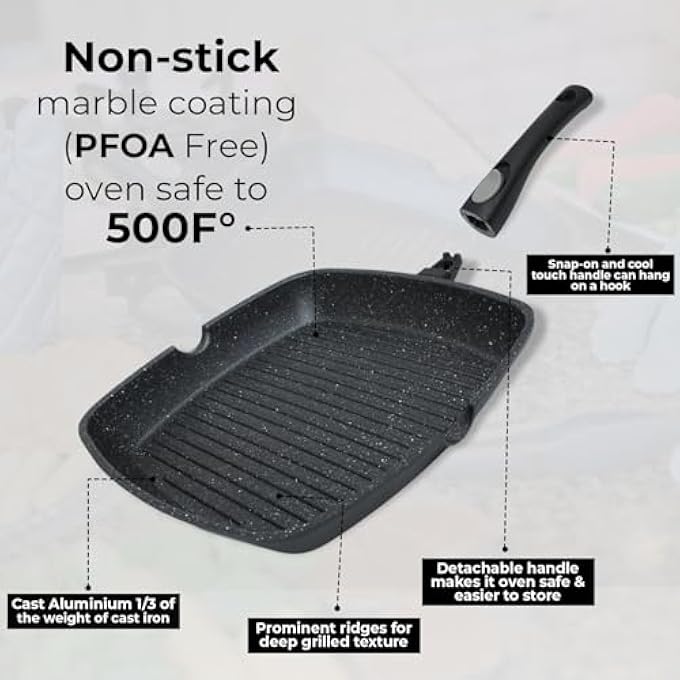 ريحني مقلاة شيف واندرفول غير لاصقة مقاس 28 سم لموقد الحث الحراري، مطلية بالرخام، مقبض قابل للفصل، مقلاة شرائح لحم من الألومنيوم لجميع مواقد الحث الحراري مع ملقط وقفاز وقماش مناسب للشواء في فرن الغاز - Image 5