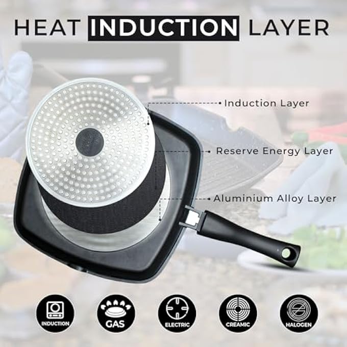 ريحني مقلاة شيف واندرفول غير لاصقة مقاس 28 سم لموقد الحث الحراري، مطلية بالرخام، مقبض قابل للفصل، مقلاة شرائح لحم من الألومنيوم لجميع مواقد الحث الحراري مع ملقط وقفاز وقماش مناسب للشواء في فرن الغاز - Image 3