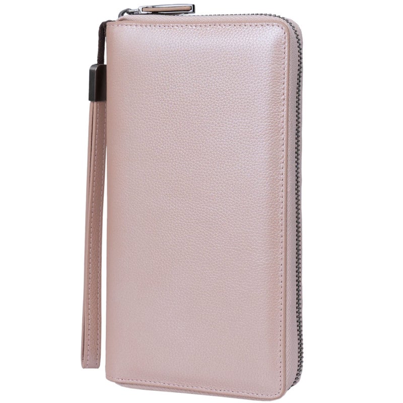 Bveyzi Women RFID Blocking Wallet Leather Zip Around Phone Clutch Large Capacity Ladies Travel Purse Wristlet Rose Gold