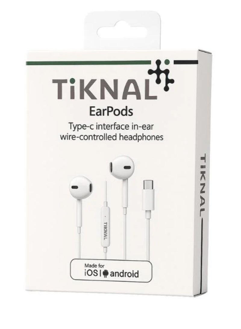 Tiknal TK H088 Wired Type C Earphones with Built in Microphone and Full Controls Clear and Pure Sound White - Image 1