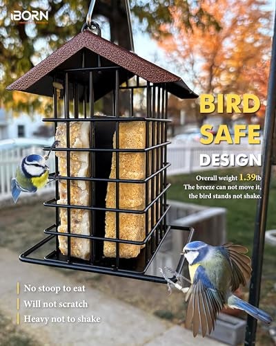 iBorn Suet Feeder for Outside Hanging,Suet Bird Feeders for Outdoors,Suet Holder With Squirrel Proof Hanger Hook,Suet Cage Bird Feeder,Woodpecker Feeder,Weatherproof Metal Roof,All Metal,1 Pack,Coffee - Image 5