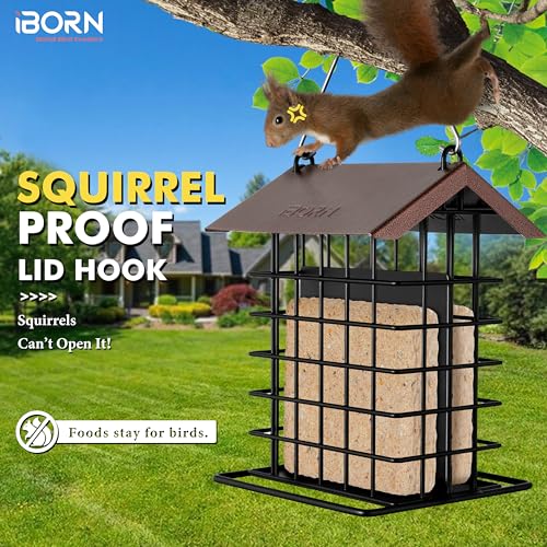 iBorn Suet Feeder for Outside Hanging,Suet Bird Feeders for Outdoors,Suet Holder With Squirrel Proof Hanger Hook,Suet Cage Bird Feeder,Woodpecker Feeder,Weatherproof Metal Roof,All Metal,1 Pack,Coffee - Image 3