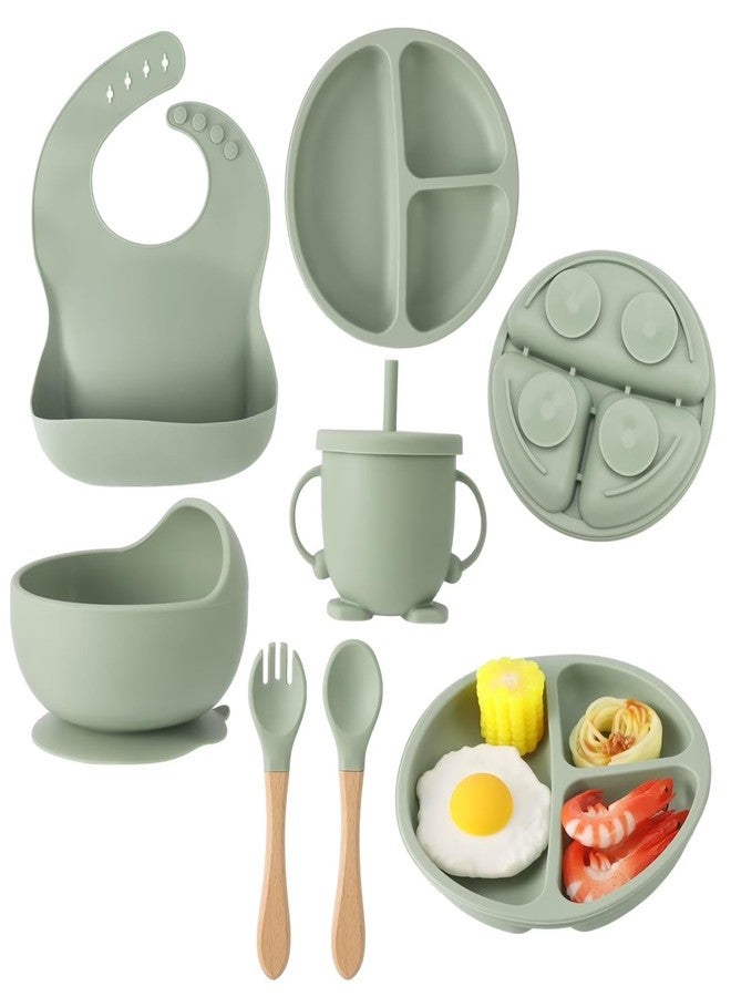 RECLUSE Silicone Baby Feeding Set, Baby Led Weaning Supplies with Suction Bowl Divided Plate, Toddler Self Feeding Dish Set with Spoons Forks Sippy Cup Adjustable Bib, Eating Utensils for 6+ Months - Image 1