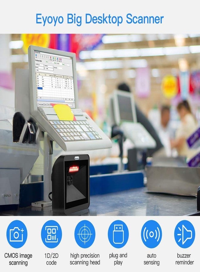 Eyoyo Hands-Free 2D QR Barcode Scanner, Omnidirectional Desktop Automatic 1D Barcode Reader Big Scan Window to Read PDF417 on ID Card, Driver's License, Passport for Supermarket Library Retail Store - Image 3