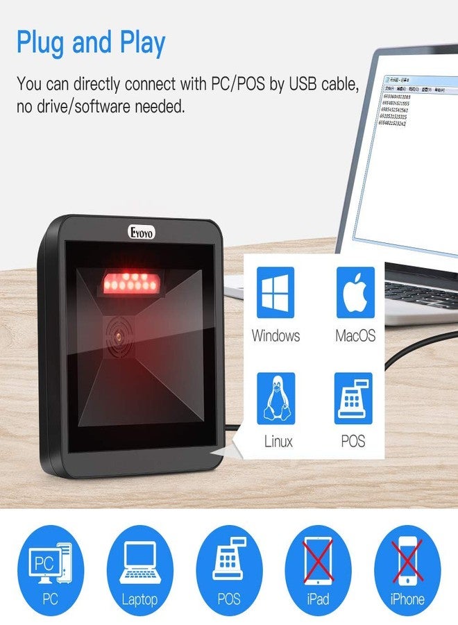 Eyoyo Hands-Free 2D QR Barcode Scanner, Omnidirectional Desktop Automatic 1D Barcode Reader Big Scan Window to Read PDF417 on ID Card, Driver's License, Passport for Supermarket Library Retail Store - Image 4