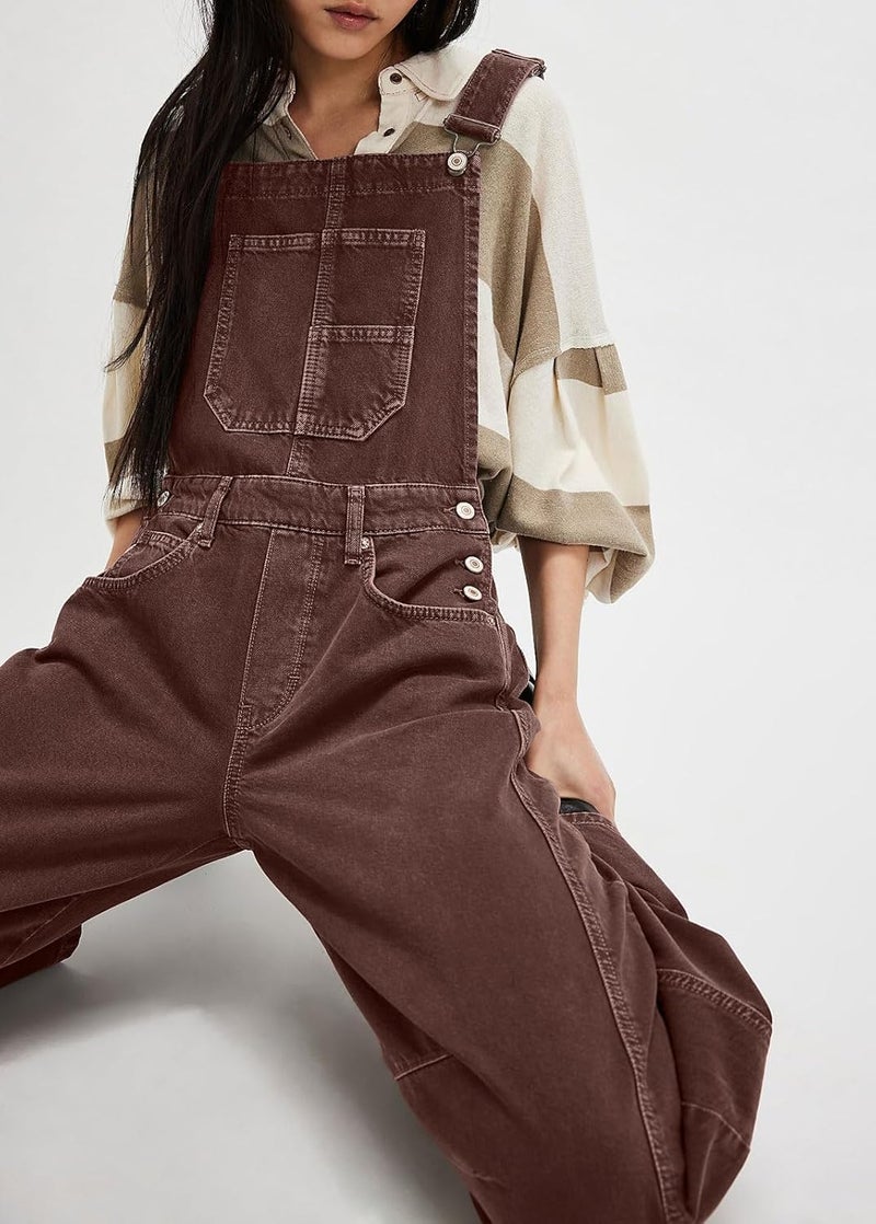 yoeasy Womens Denim Bib Overalls Barrel Wide Leg Baggy Adjustable Strap Denim Pants Jumpsuits with Pockets (Large, Chocolate) - Image 4