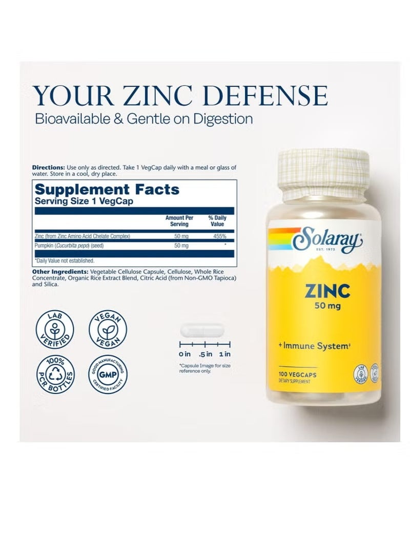 SOLARAY Zinc 50 mg, 100 Vegetarian Capsules – Bioavailable Trace Mineral for Daily Nutritional Support - Image 3