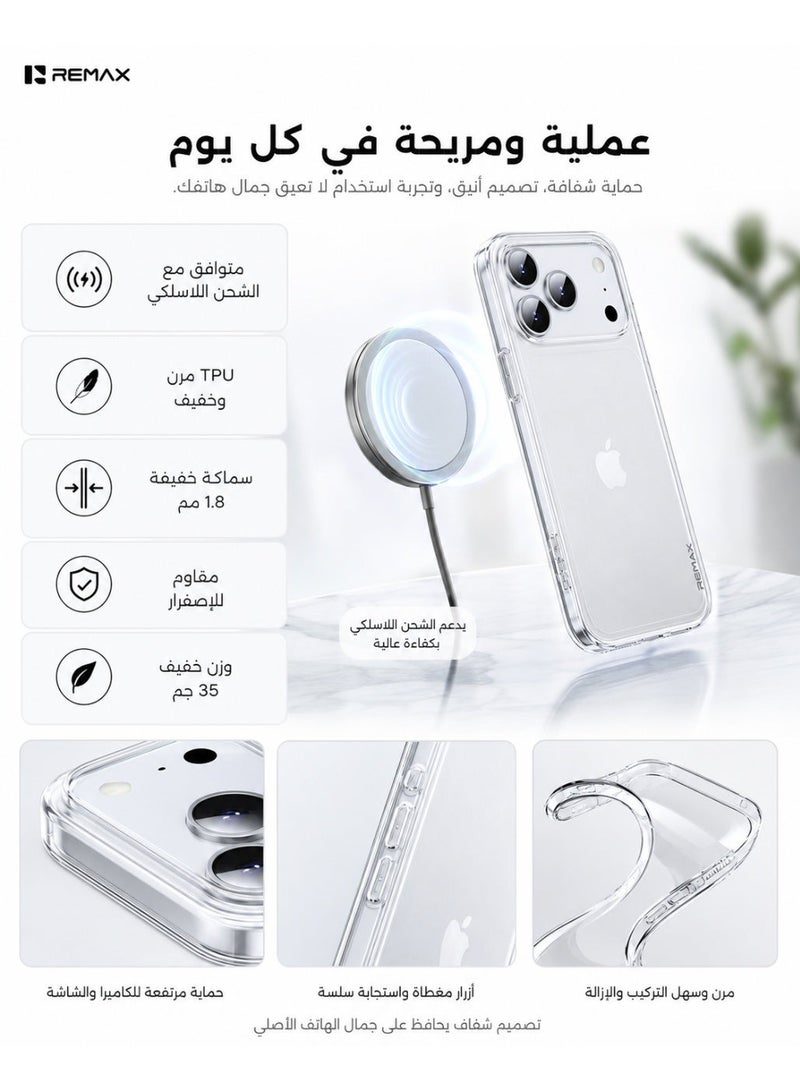 ريماكس غطاء شفاف لهاتف iPhone 17 Pro Max، حماية كاملة من مادة TPU المرنة، غطاء نحيف متوافق مع الشحن اللاسلكي مع الحفاظ على الإحساس الأصلي للهاتف - Image 3