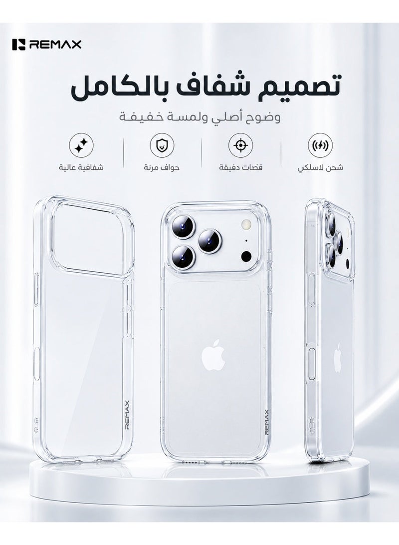 ريماكس غطاء شفاف لهاتف iPhone 17 Pro Max، حماية كاملة من مادة TPU المرنة، غطاء نحيف متوافق مع الشحن اللاسلكي مع الحفاظ على الإحساس الأصلي للهاتف - Image 1