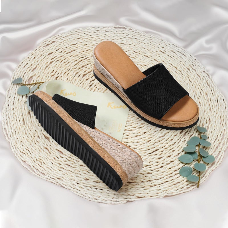 mikarka Slip On Wedge Sandals for Women, Open Toe Resort Platform Sandals Comfortable Beach Sandals Slide Espadrilles Wedges Dressy Summer Sandals Mules, Black Canvas, Size 8 - Image 3