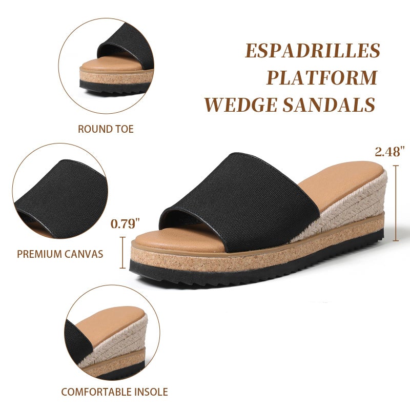 mikarka Slip On Wedge Sandals for Women, Open Toe Resort Platform Sandals Comfortable Beach Sandals Slide Espadrilles Wedges Dressy Summer Sandals Mules, Black Canvas, Size 8 - Image 4
