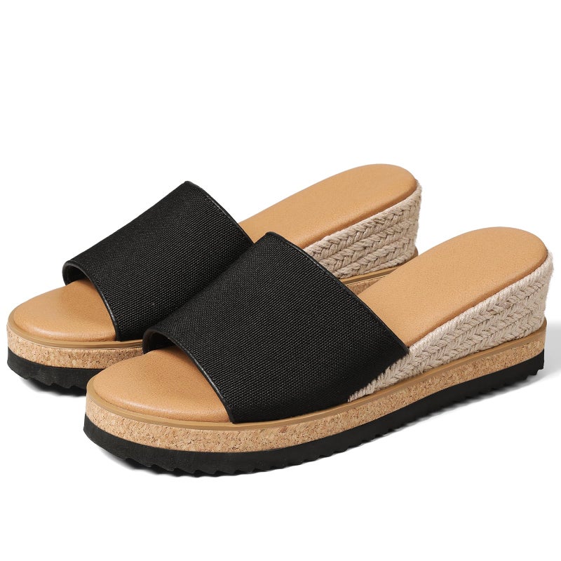 mikarka Slip On Wedge Sandals for Women, Open Toe Resort Platform Sandals Comfortable Beach Sandals Slide Espadrilles Wedges Dressy Summer Sandals Mules, Black Canvas, Size 8 - Image 1