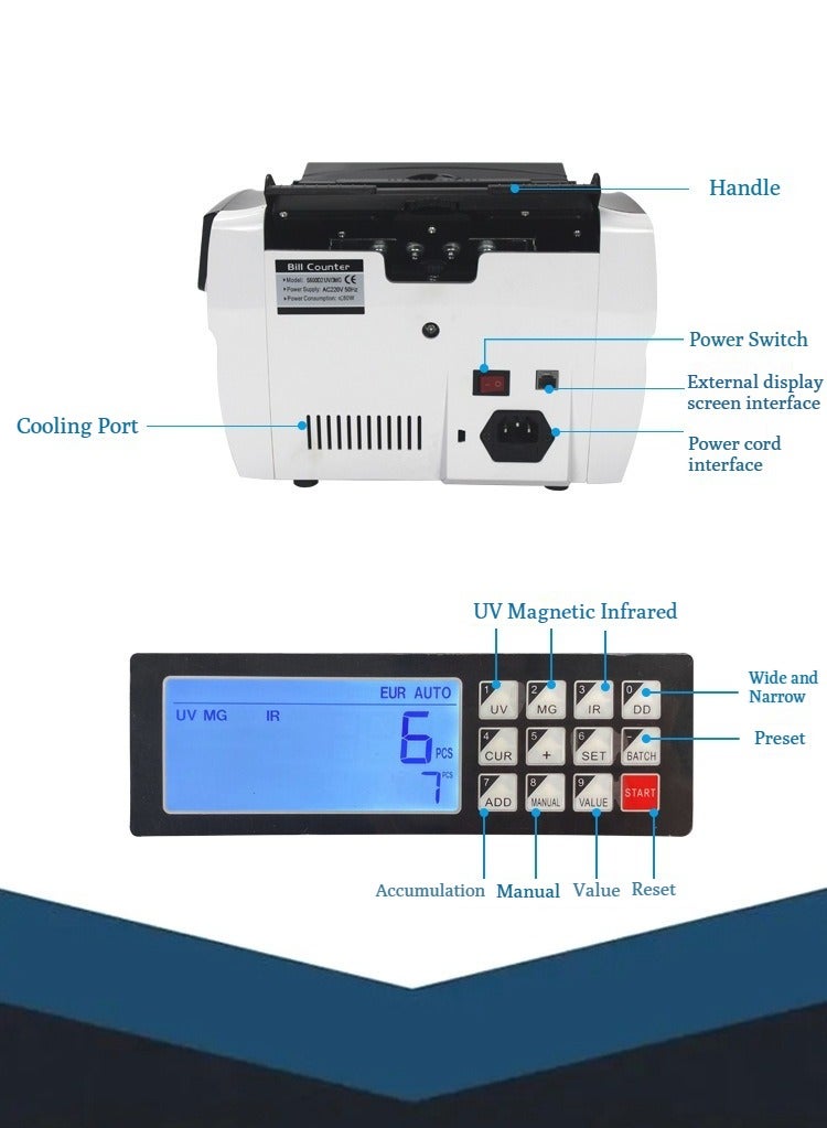 والالا جهاز كشف العملات المزيفة متعدد العملات بتقنية LED، آلة عد الأوراق النقدية الأجنبية، كشف مزدوج بالأشعة فوق البنفسجية/المغنطيسية للنقود، 900 قطعة/الدقيقة، سهل الاستخدام - Image 5
