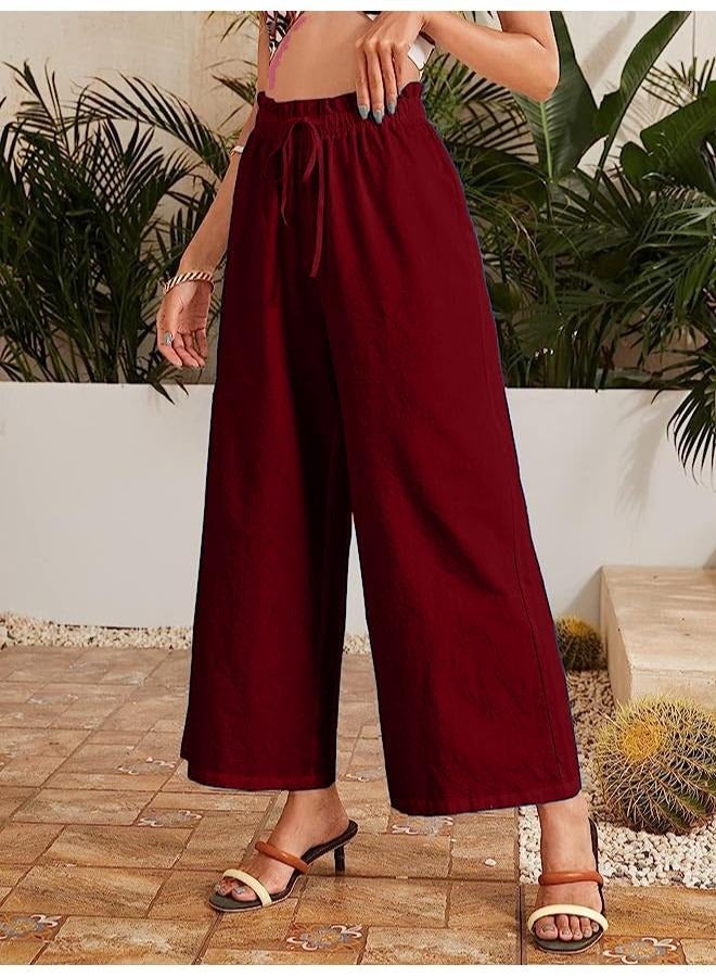 بنطلون نسائي كاجوال واسع الساق من الكتان مريح ومطاط عالي الخصر KU152 - Image 2