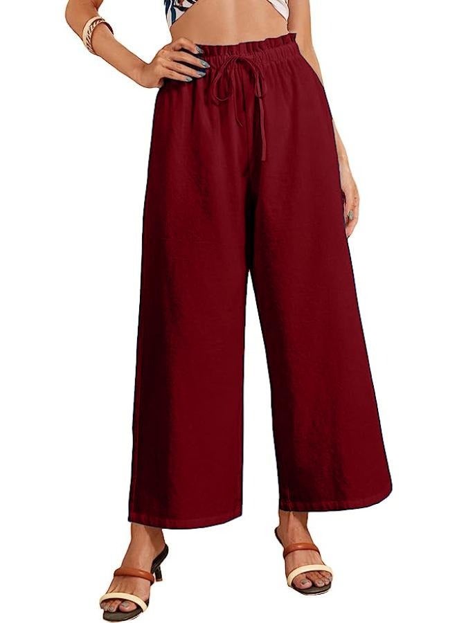 بنطلون نسائي كاجوال واسع الساق من الكتان مريح ومطاط عالي الخصر KU152 - Image 1