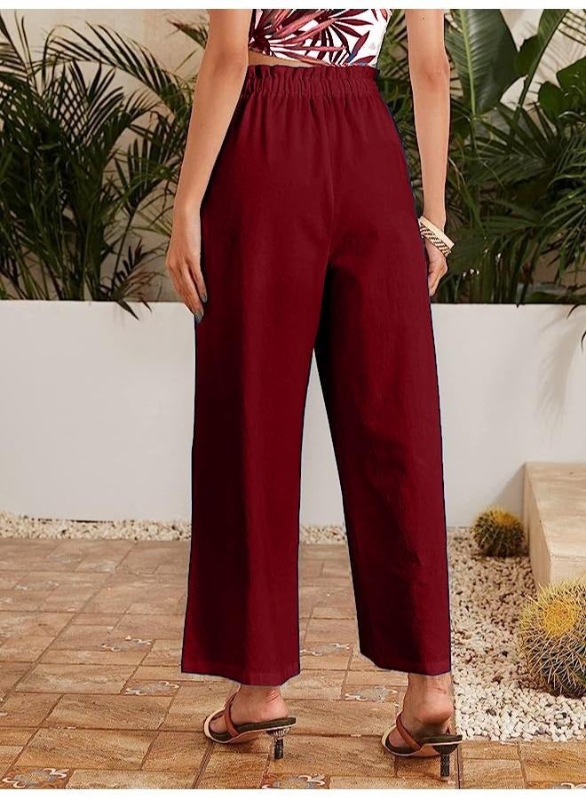 بنطلون نسائي كاجوال واسع الساق من الكتان مريح ومطاط عالي الخصر KU152 - Image 3