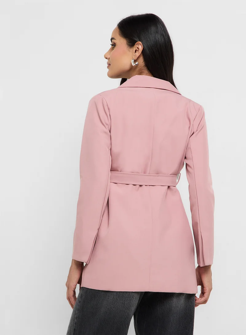جينجر Double Breasted Longline Belted Blazer