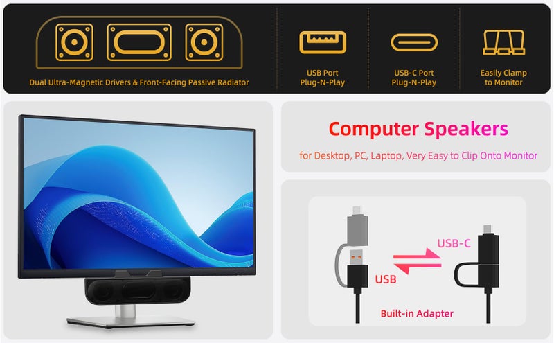 XKX Computer Speakers for Desktop PC, Monitor Speakers, USB Plug-in, Wired, External Speaker for Laptop, Small Computer Soundbar for PC, with Loud Sound, Deep Bass, USB-C Adapter, Easily Clamp to Monitor - Image 2