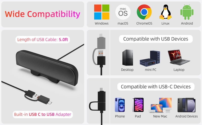 XKX Computer Speakers for Desktop PC, Monitor Speakers, USB Plug-in, Wired, External Speaker for Laptop, Small Computer Soundbar for PC, with Loud Sound, Deep Bass, USB-C Adapter, Easily Clamp to Monitor - Image 5