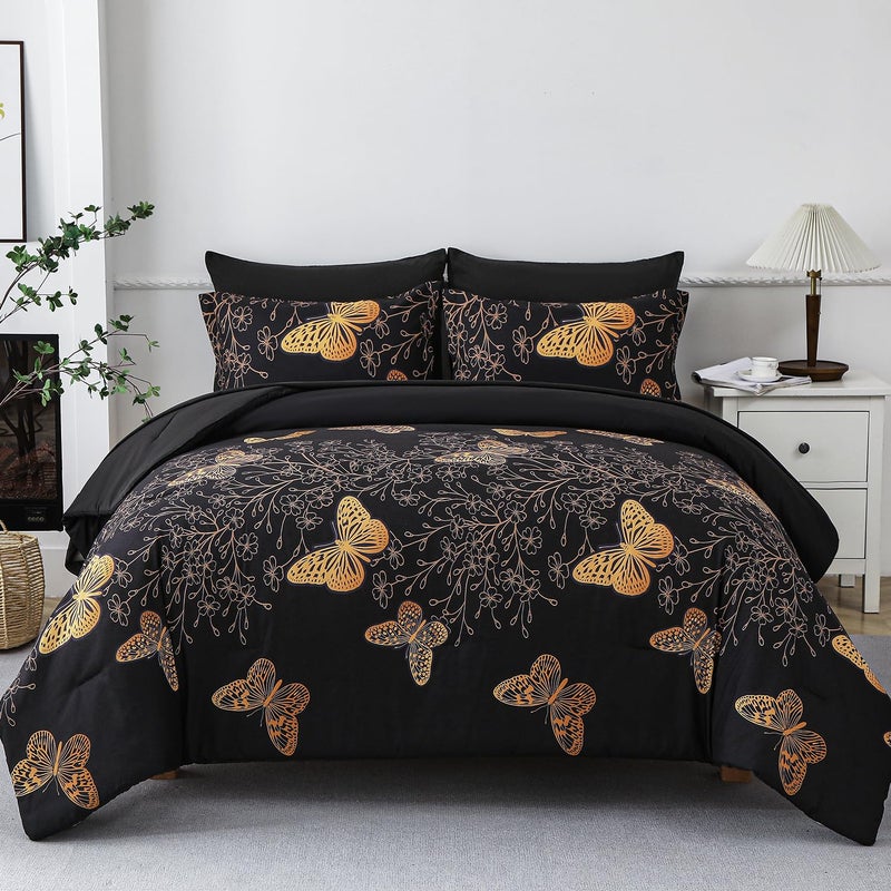 Yogeneg 7 Piece Bed in a Bag Queen Size Comforter Set Black Bedding SetGold Butterfly Leaves Printed on Black Reversible DesignSoft Microfiber Comforter with Sheet SetAll SeasonButterflyQueen
