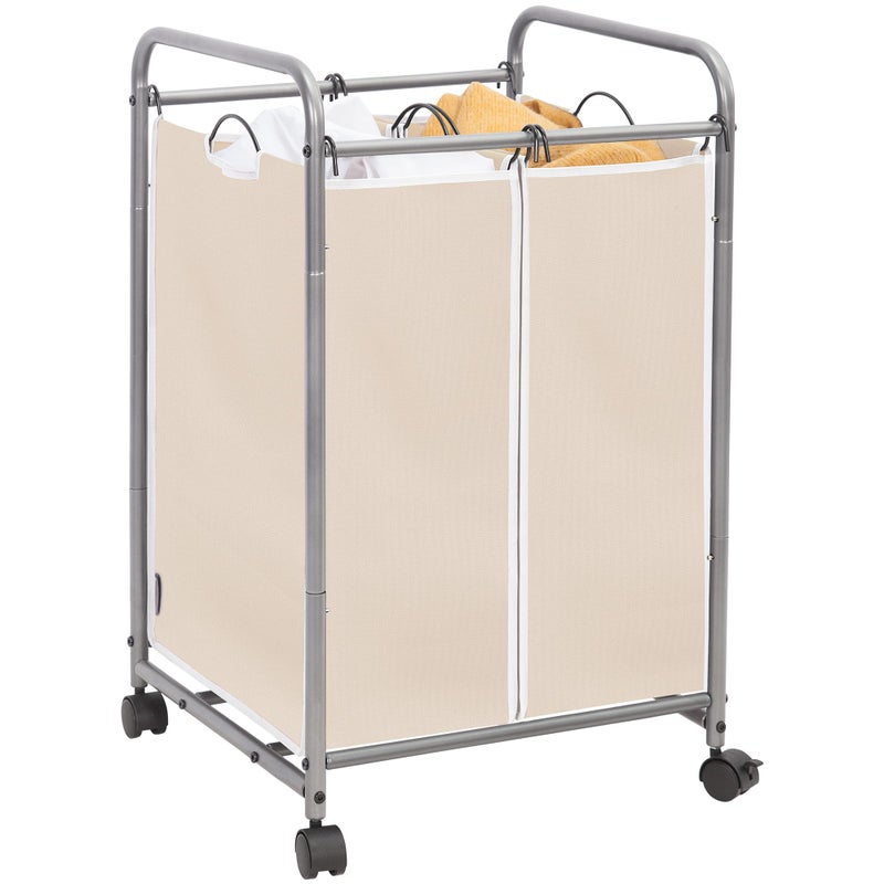 STORAGE MANIAC Laundry Sorter 2 Section 90 L Gal Laundry Hamper with Wheels Clothes Basket Separator Sorter 2 Bag Clothes Cart with Wheels and Removable Bags for Closet Dorm Collage Beige