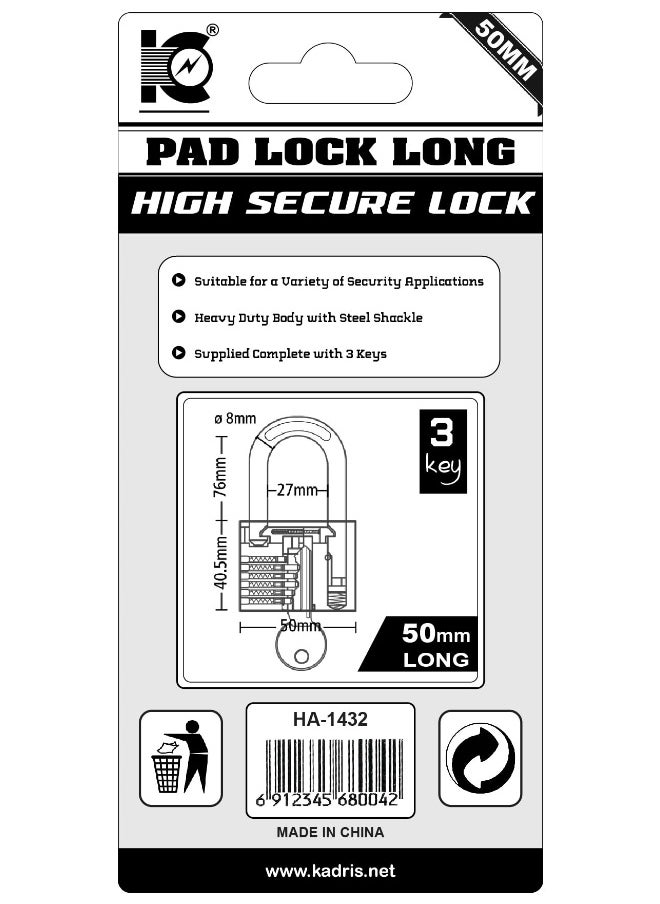 KADRIS Heavy-Duty Security Padlock Long HA-1432, Weather-Resistant in Solid Brass Lock 50 MM - Padlock  shackle with Keys for Sheds, Storage Unit, School, Gym Locker, Fence, Toolbox, Hasp Storage  - Image 5