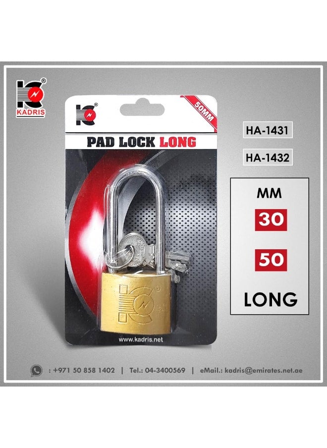 KADRIS Heavy-Duty Security Padlock Long HA-1432, Weather-Resistant in Solid Brass Lock 50 MM - Padlock  shackle with Keys for Sheds, Storage Unit, School, Gym Locker, Fence, Toolbox, Hasp Storage  - Image 3