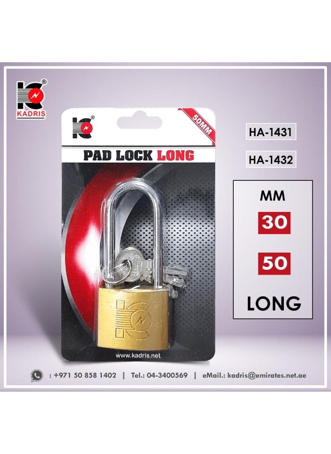 KADRIS Heavy-Duty Security Padlock Long HA-1432, Weather-Resistant in Solid Brass Lock 50 MM - Padlock  shackle with Keys for Sheds, Storage Unit, School, Gym Locker, Fence, Toolbox, Hasp Storage  - Image 2