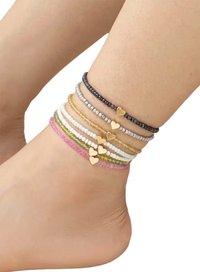 YJ Bohemian Style Multicolor Beaded Heart Anklet 7-Piece Set - Image 1