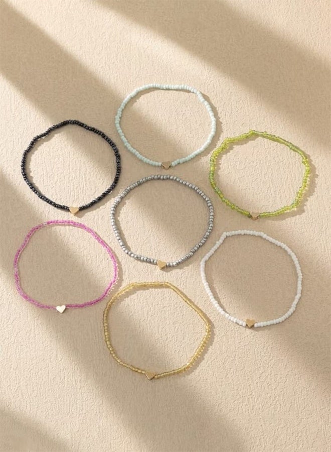 YJ Bohemian Style Multicolor Beaded Heart Anklet 7-Piece Set - Image 4