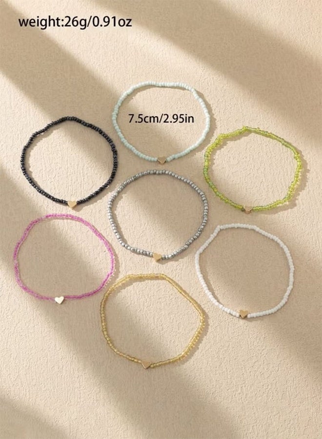 YJ Bohemian Style Multicolor Beaded Heart Anklet 7-Piece Set - Image 2