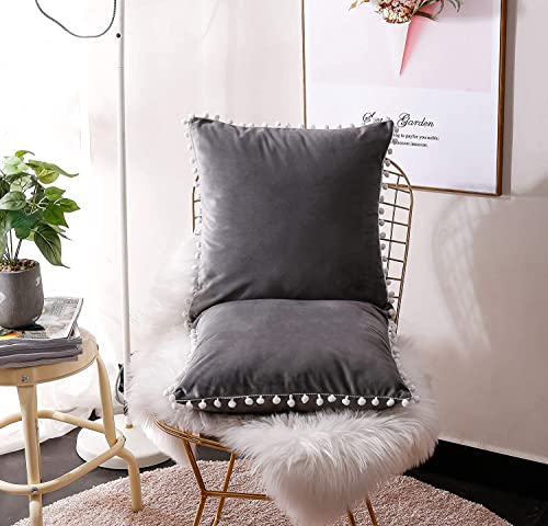 CottonFry Set of 2 Cushion Covers/Throw Pillow Covers Size 16"X16" Inches with Pom Poms, Soft Square Velvet Pillowcases Home Decor (Grey, Pack of 2) - Image 2