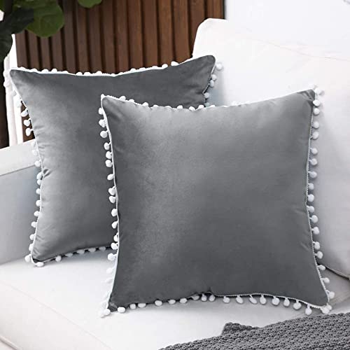 CottonFry Set of 2 Cushion Covers/Throw Pillow Covers Size 16"X16" Inches with Pom Poms, Soft Square Velvet Pillowcases Home Decor (Grey, Pack of 2) - Image 3