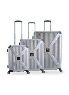 NATIONAL GEOGRAPHIC National Geographic Metallic PC Hardside Luggage Silver Trolley Set of 3, Lightweight Durable Anti-Theft Zipper TSA Lock Bags, 4 Double Spinner Wheels, Expandable Suitcase with Aluminum Telescopic Handle  - Image 1