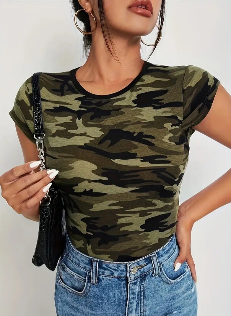 Womens Casual Tight Shirt Olive Green Color And Army Pattern Soft Cotton Fabric Short Sleeves And A Round Neck Collar Ldeal For Home Club Walking Outdoor Sports Activities With Family Or On A Break With Friends Suitable For Fall Spring  And Summer Size XL  - Image 4