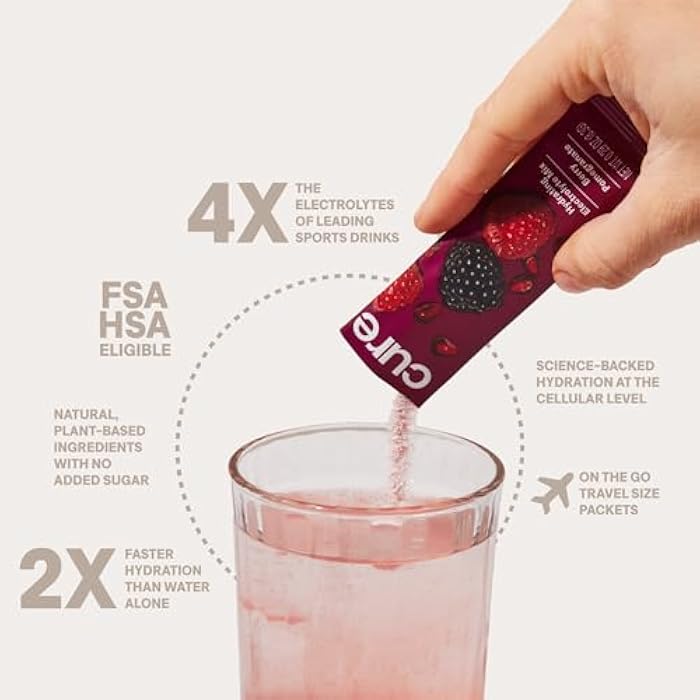 Cure Hydration | Plant-Based Electrolyte Drink Mix | No Added Sugar | FSA-HSA | Dehydration Relief Powder Made with Coconut Water | Non-GMO | Vegan | Pouch of 14 Packets - Berry Pomegranate - Image 3