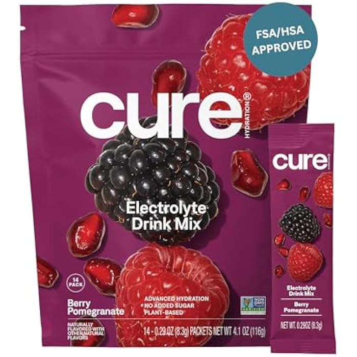 Cure Hydration | Plant-Based Electrolyte Drink Mix | No Added Sugar | FSA-HSA | Dehydration Relief Powder Made with Coconut Water | Non-GMO | Vegan | Pouch of 14 Packets - Berry Pomegranate - Image 1