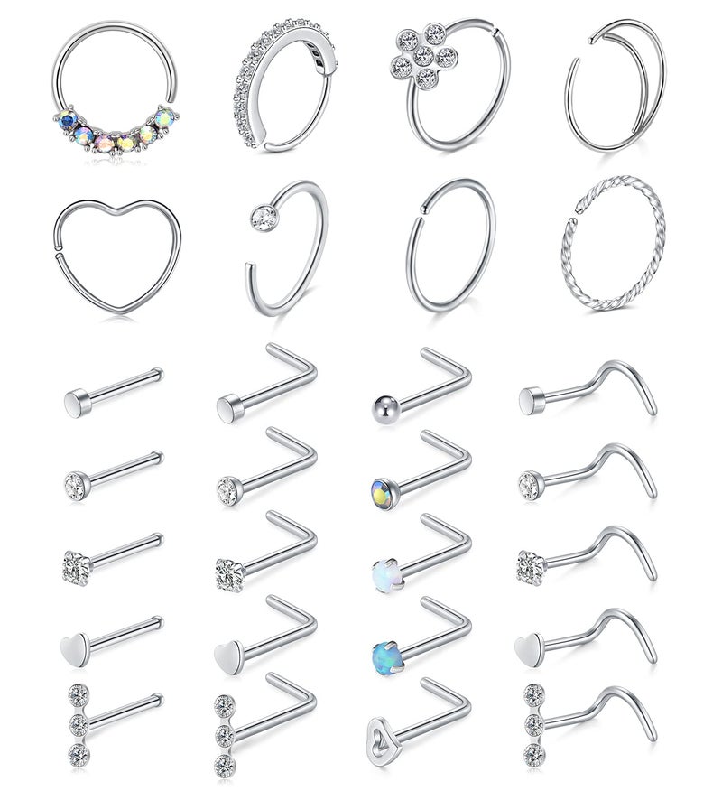 Mayhoop 20g Nose Rings Hoops And Studs For Women Men - Hypoallergenic 316L Surgical Stainless Steel L Shape Nose Screw Bone Silver Rose Gold Black Rainbow Pack 28Pcs - Image 5