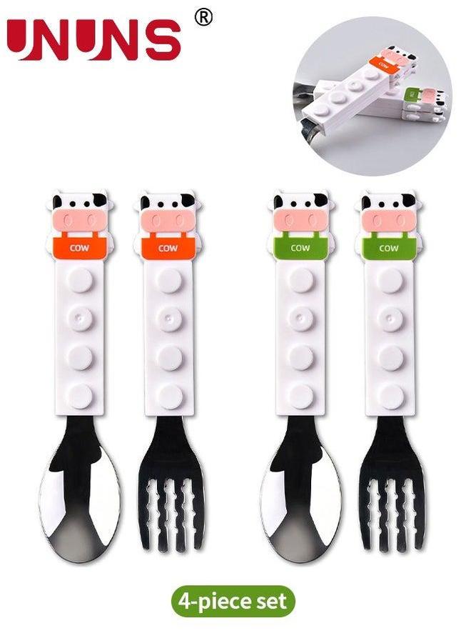 UNUNS 4-Piece Cutlery Sets,Portable Tableware Spoon And Fork Set,Interlocking Block Kid Stainless Steel Building Blocks Utensils Set Dairy Cattle - Image 1