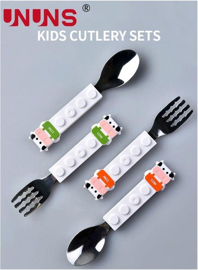 UNUNS 4-Piece Cutlery Sets,Portable Tableware Spoon And Fork Set,Interlocking Block Kid Stainless Steel Building Blocks Utensils Set Dairy Cattle - Image 2