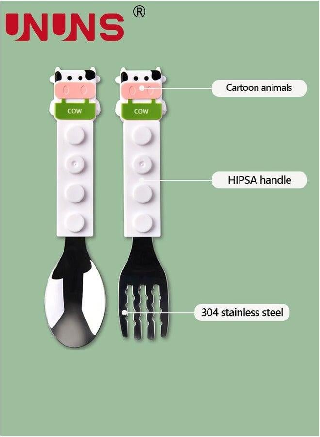 UNUNS 4-Piece Cutlery Sets,Portable Tableware Spoon And Fork Set,Interlocking Block Kid Stainless Steel Building Blocks Utensils Set Dairy Cattle - Image 5