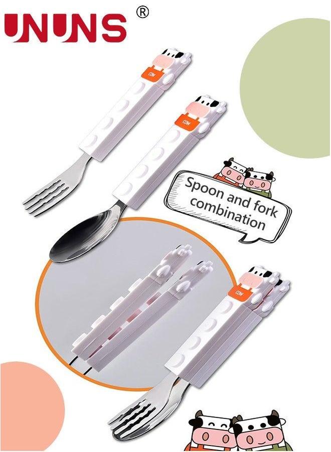 UNUNS 4-Piece Cutlery Sets,Portable Tableware Spoon And Fork Set,Interlocking Block Kid Stainless Steel Building Blocks Utensils Set Dairy Cattle - Image 3