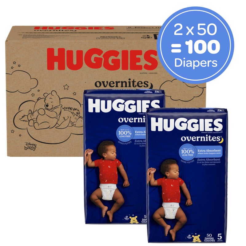 Huggies Size 5 Overnites Baby Diapers: Overnight Diapers, Size 5 (27+ lbs), 100 Ct (2 Packs of 50), Packaging May Vary - Image 2